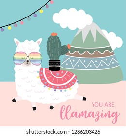 Blue pink hand drawn cute card with llama,flower,light,mountain and cloud.You are llamazing