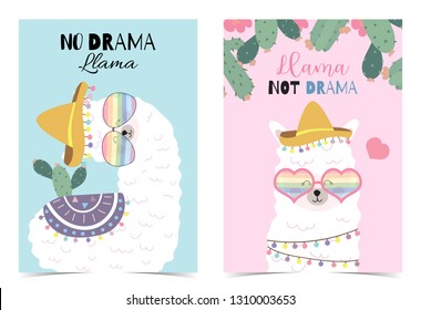 Blue pink hand drawn cute card with llama, star ,glasses,cactus and balloon.No drama llama,Llama not drama