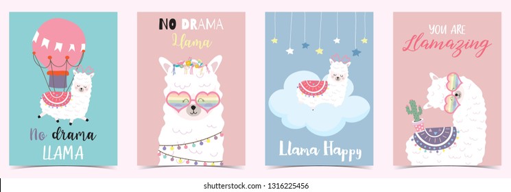 Tarjeta linda dibujada a mano rosa azul con llama, globo, lentes, corazón... sin llama de drama