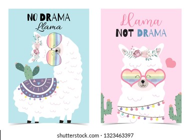 Blue pink hand drawn cute card with llama, star ,glasses,cactus and balloon.No drama llama,Llama not drama