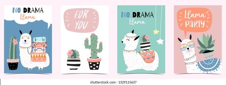 Blue pink hand drawn cute card with llama,cactus,glasses,heart.no drama llama