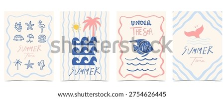Blue pink hand drawn hello Summertime beach poster set with fish,starfish, flamingo,cactus icon for vacation a4 vertical invitation