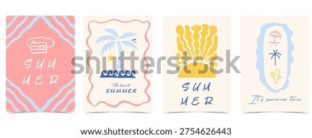 Blue pink Hand drawn Summertime Beach Poster Set with cactus,umbrella,camera for vacation a4 vertical invitation