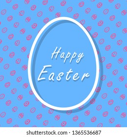 blue and pink Happy Easter greeting card with eggs pattern, banner, and text