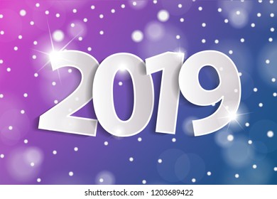 Blue and pink Happy New Year 2019 greeting card concept with paper cuted white numbers. Vector illustration