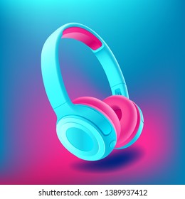 Blue and pink headphones isolated on bluee background, realistic vector. Club poster with headphones, dance party, flyer, invitation, banner template, dj event, music album cover, vector illustration.