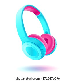 Blue and pink headphones isolated on white background, realistic vector. Club poster with headphones, dance party flyer, dj event, music album cover, vector illustration.