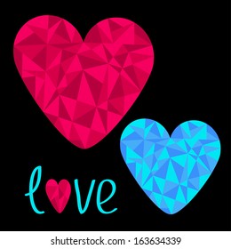 Blue and pink hearts. Polygonal effect. Love card. Black background. Vector illustration.
