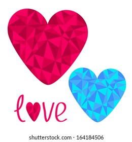 Blue and pink hearts. Polygonal effect. Love card. Vector illustration.