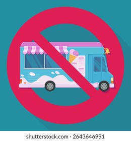 Blue and pink ice cream truck with a circular red strikethrough prohibition symbol on a blue background with long shadow in flat design style