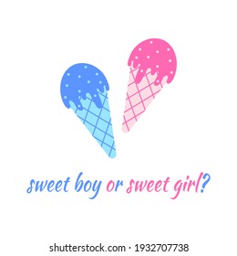 Blue and pink ice creams. Boy or girl concept. Gender reveal party invitation card or banner. Vector flat illustration.