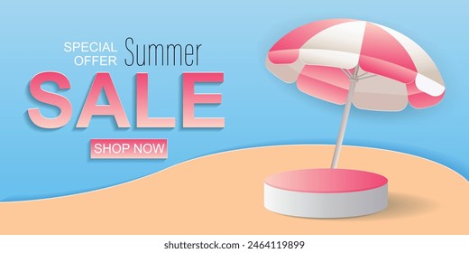 Blue and Pink Illustrative Summer Sale Background In Paper Cut Style.