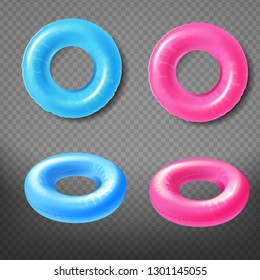 Blue and pink inflatable rings top, front view 3d realistic vector icons set isolated on transparent background. Water park swimming pool toy illustration. Summer beach leisure concept design elements