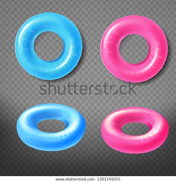 Blue and pink inflatable rings top, front view\
3d realistic vector icons set isolated on transparent background.\
Water park swimming pool toy illustration. Summer beach leisure\
concept design elements