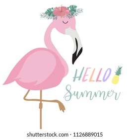 Blue pink invitation card with palm, pineapple,hibiscus,flamingo,banana leaf and flower in summer