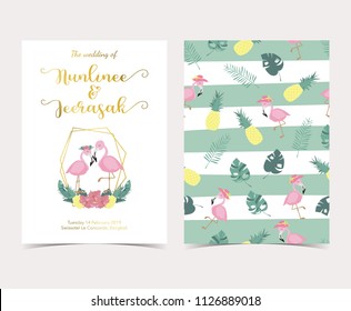 Blue pink invitation card with palm, pineapple,hibiscus,flamingo,banana leaf and flower in summer