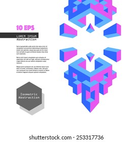 Blue and pink isometric abstraction in flat style with text on white background. Vector illustration for graphic design. Design for poster, flyers, banner or game menu.