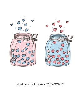 Blue and Pink Jars with cute Hearts. Doodle sketch. Love, Romantic and Valentine’s Day concept. Designs for greeting cards, print, web, wrapping paper or fabric template