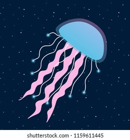blue and pink jellyfish on a dark blue background illustration underwater sea medusa fluorescent srar vector.