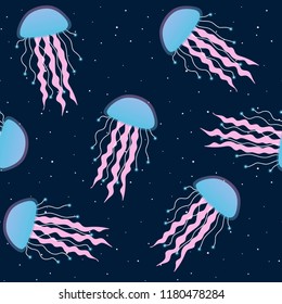 blue and pink jellyfish on a dark blue background seamless pattern underwater sea medusa fluorescent srar vector.
