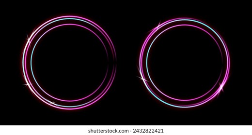 Círculo brillante del laser azul y rosa aislado en un fondo negro. Círculos de neón. Ilustración abstracta del vector.