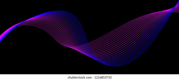 Ilustración vectorial de pintura clara azul y rosa, Luces curvas y ondas contra un fondo negro con líneas dinámicas.