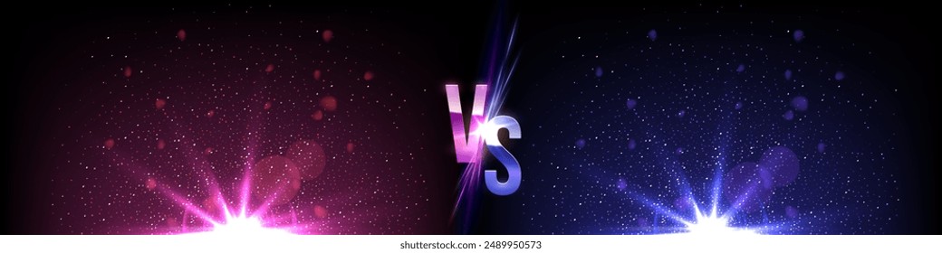 Blue and pink lights flash effect with shine glow rays on black horizontal background. Flares of light with rays beams in dark space. Bright spark shining vector illustration.