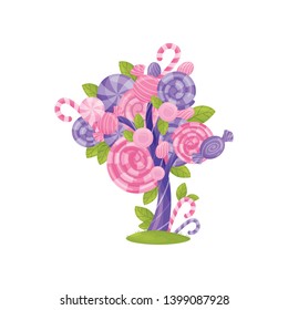 Blue and pink lollipops in the form of a cane and a circle on a magic tree. Vector illustration on white background.