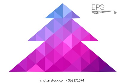 Blue, pink low poly style christmas tree vector illustration consisting of triangles. Abstract triangular polygonal origami or crystal design of New Years celebration. Isolated on white background