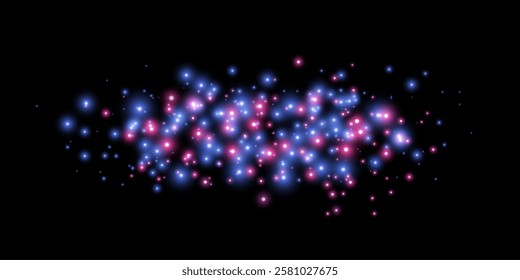 Blue and pink magic sparks and dust stars. Blue glow flare light effect. Vector particles on black background. 