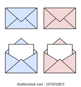 Blue and pink mail linear icons. Open and closed envelopes. E-mail symbol for your design