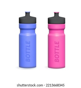 Blue and pink matte plastic sports water bottle. Photorealistic packaging mockup template. Vector 3d