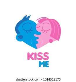 Blue pink minimalistic flat design heart which shape two people man and girl kiss. Happy valentine's day concept. Vector modern style graphic design isolated white background. Logo icon print kiss me 