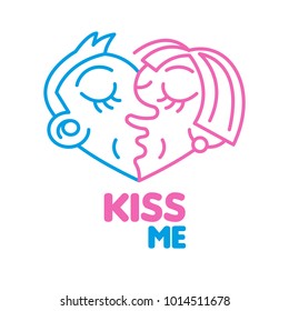 Blue pink minimalistic line design heart which shape two people man and girl kiss. Happy valentine's day concept. Vector modern style graphic design isolated white background. Logo icon print kiss me 