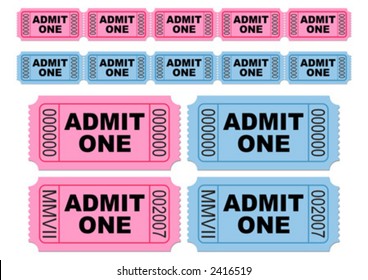 Blue and pink movie tickets. Cinema tickets. Admit one. You can change numbers and colors easily.