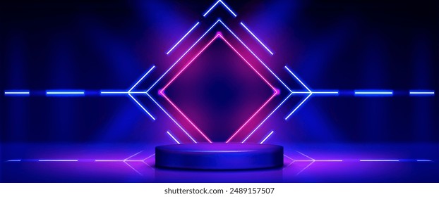 Blue pink neon 3d podium. Futuristic light stage for product display. Abstract glow platform in dark room with geometric led square for presentation. Realistic award pedestal for winner design