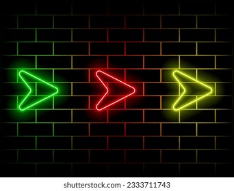 Blue and pink neon arrow abstract background with light shapes on colorful background and reflective floor, party and concert concept. Green, red, yellow, pink, blue, orange.