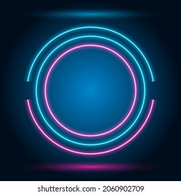 Blue and pink neon border, round sign on dark background, vector illustration.