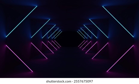 Blue Pink Neon Futuristic Black Tunnel. Abstract light tech background.