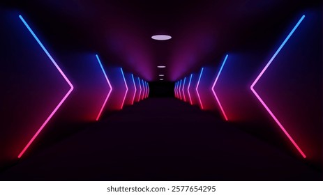 Blue Pink Neon Futuristic Black Tunnel. Abstract gradient light tech background.
