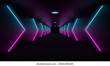 Blue Pink Neon Futuristic Black Tunnel. Abstract gradient light tech background.