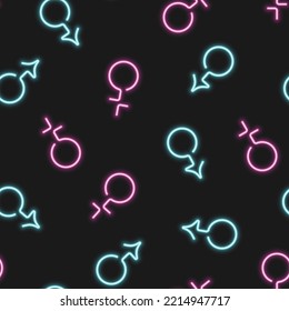 Blue and pink neon male and female gender symbols on black background seamless pattern. Best for textile, wallpapers, wrapping paper, package and festive decoration.