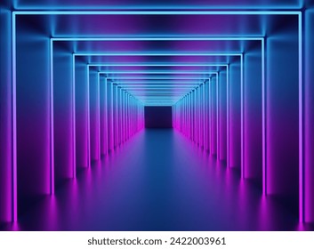 Blue Pink neon tunnel. Corridor with gradient blue pink glowing fluorescent lamp.