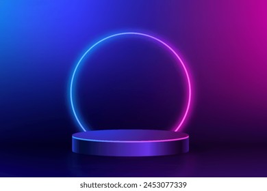 Blue and Pink Neon-lit round podium on gradient backdrop