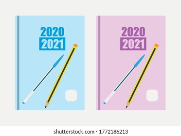 Blue and pink notebooks with pencil and pen.