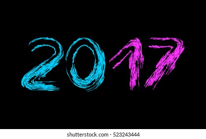 blue \ pink number: 2017. Happy New Year.  black background. grunge texture. vector.
