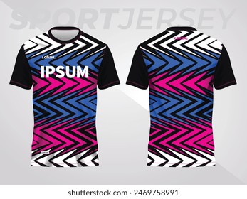 blue pink on dark background for sports jersey pattern. abstract color texture shirt front and back view mockup.