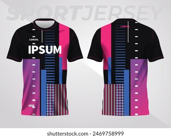 blue pink on dark background for sports jersey pattern. abstract color texture shirt front and back view mockup.