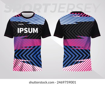 blue pink on dark background for sports jersey pattern. abstract color texture shirt front and back view mockup.