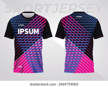 blue pink on dark background for sports jersey pattern. abstract color texture shirt front and back view mockup.